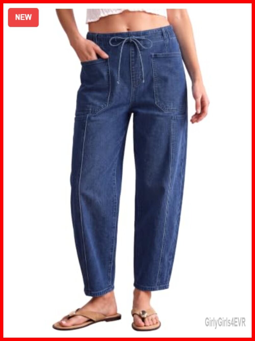 High Waisted Barrel Jeans Pull On Drawstring Elastic Waist Stretch Denim Baggy